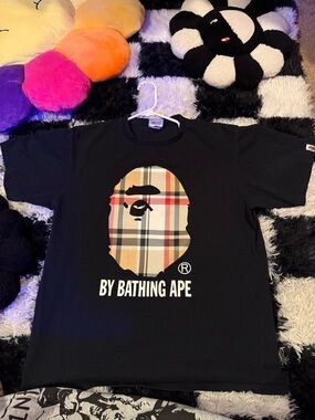 Bape Black Tee with Beige Plaid Ape Head